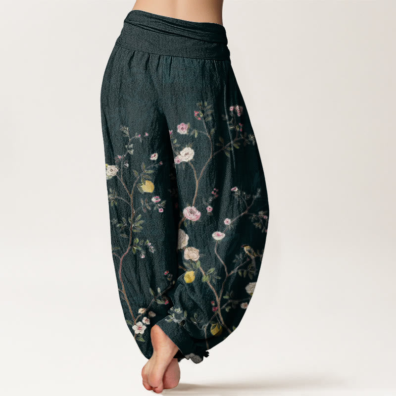 Buddha Stones、ピンク、白の花、竹の葉、フルーツデザイン、レディース 伸縮性ウエスト ハーレムパンツ - image 9