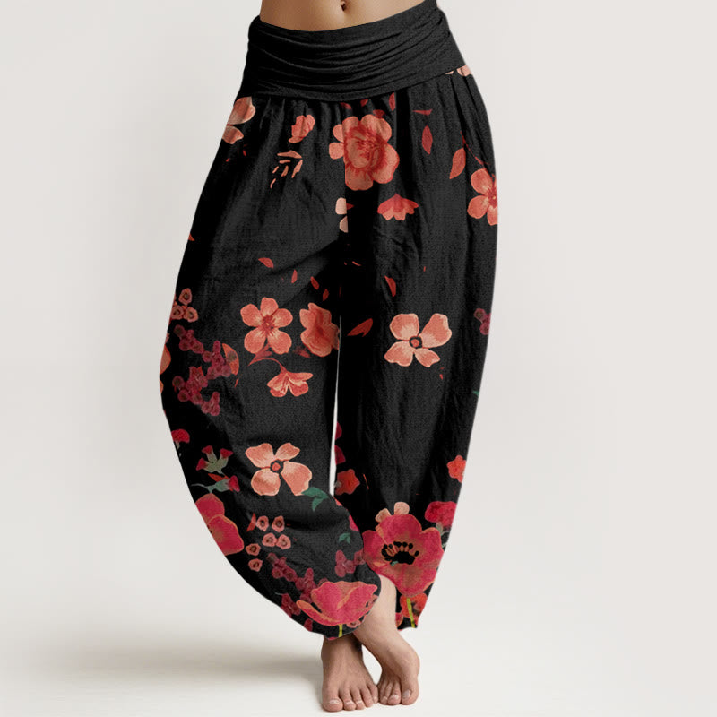 Buddha Stonesと赤い花、ポピー柄レディース伸縮性ウエストハーレムパンツ - 黒 - US22、 UK/AU26、 EU54 (6XL) - image 1