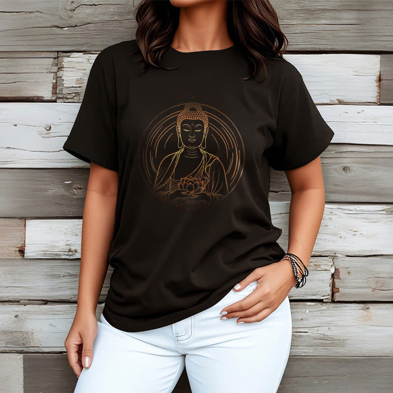 Buddha Stones蓮の花を持つ黄金の仏像 Tシャツ - image 4