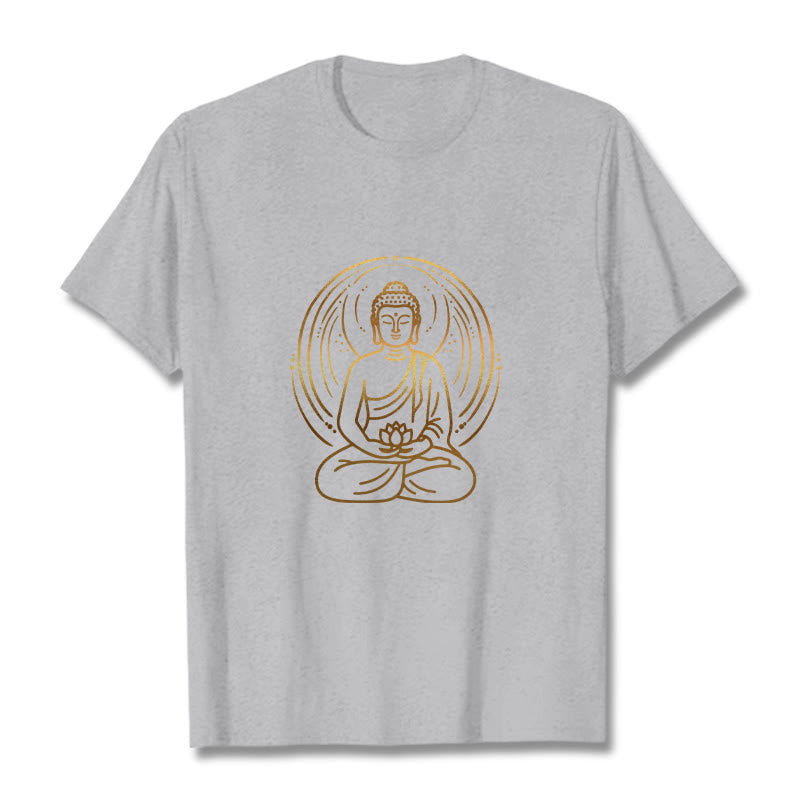 Buddha Stones、黄金の瞑想仏陀の光背、蓮の花を持つTシャツ - ライトグレー - 2XL - image 19