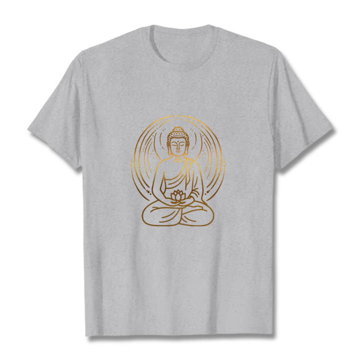 Buddha Stones、黄金の瞑想仏陀の光背、蓮の花を持つTシャツ - ライトグレー - 2XL - image 19