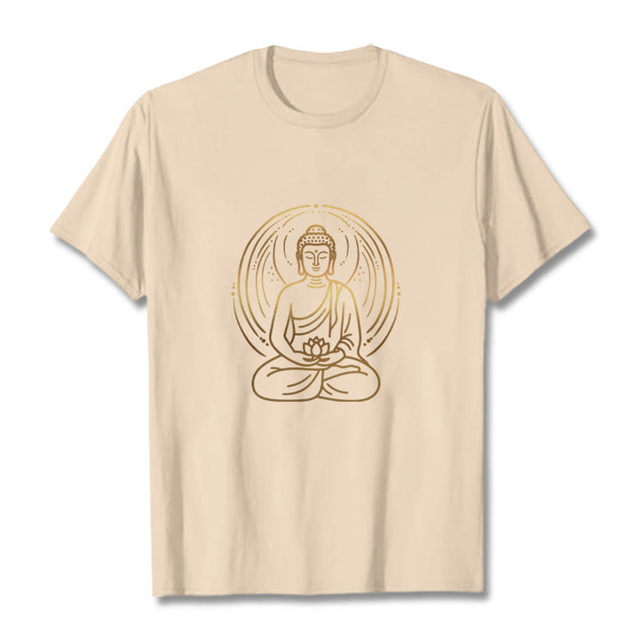 Buddha Stones、黄金の瞑想仏陀の光背、蓮の花を持つTシャツ - ビスク - 2XL - image 10