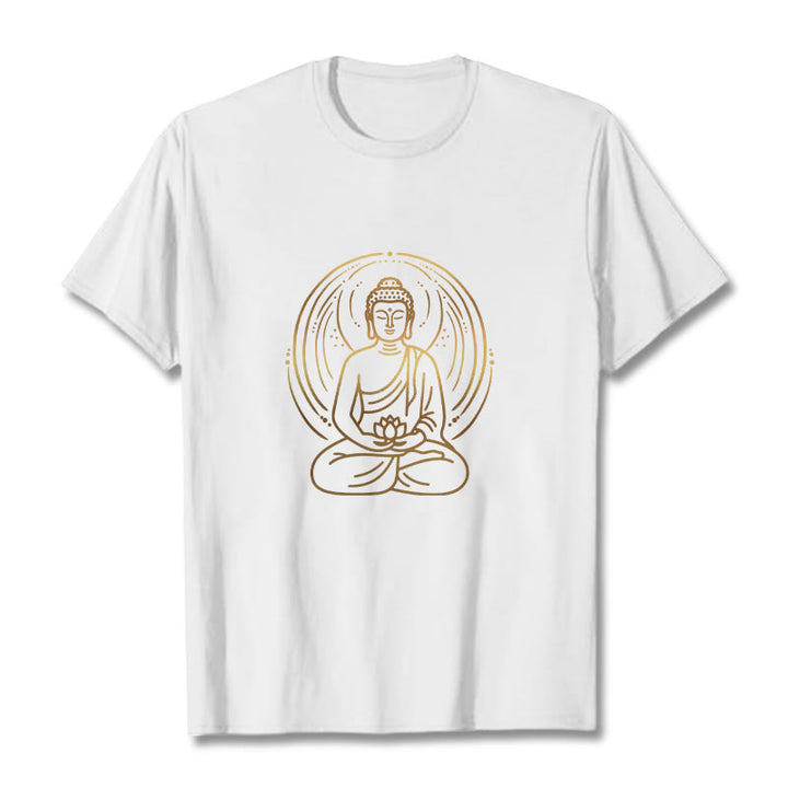 Buddha Stones、黄金の瞑想仏陀の光背、蓮の花を持つTシャツ - 白 - 2XL - image 7