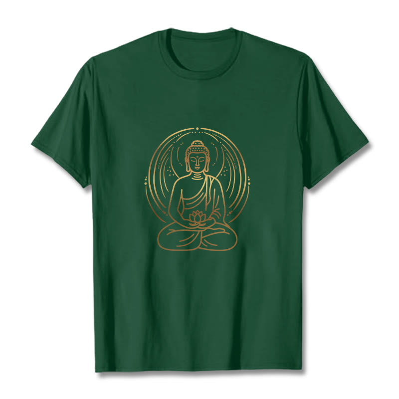 Buddha Stones、黄金の瞑想仏陀の光背、蓮の花を持つTシャツ - フォレストグリーン - 2XL - image 1