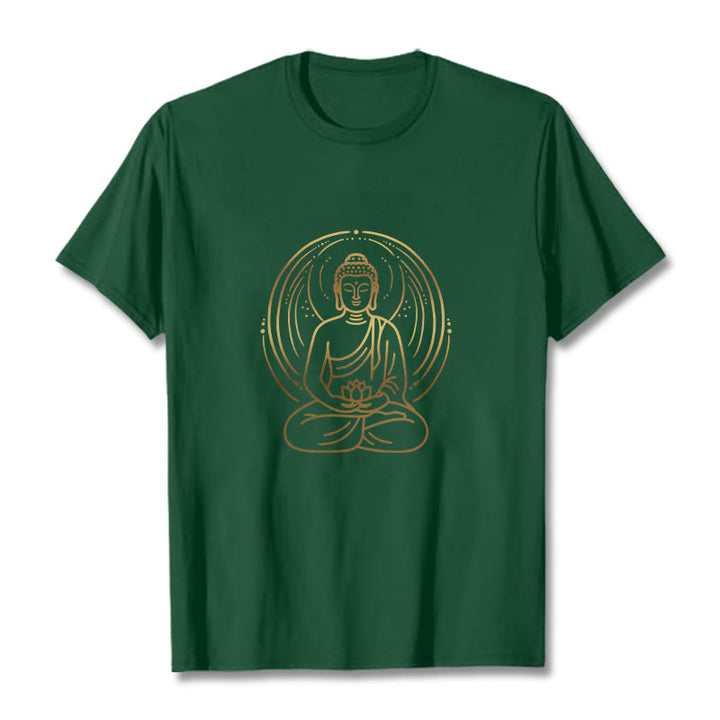 Buddha Stones、黄金の瞑想仏陀の光背、蓮の花を持つTシャツ - フォレストグリーン - 2XL - image 1