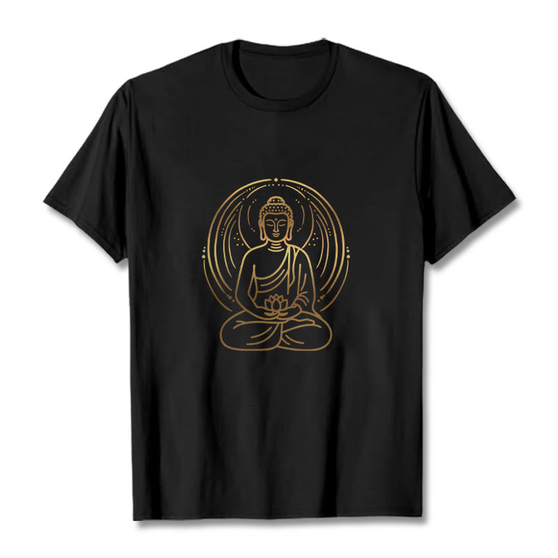 Buddha Stones、黄金の瞑想仏陀の光背、蓮の花を持つTシャツ - 黒 - 2XL - image 3