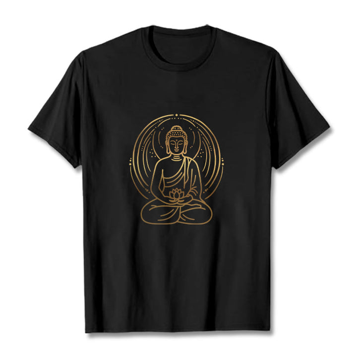 Buddha Stones、黄金の瞑想仏陀の光背、蓮の花を持つTシャツ - 黒 - 2XL - image 3