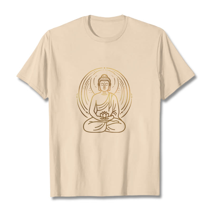 Buddha Stones、黄金の瞑想仏陀の光背、蓮の花を持つTシャツ - ビスク - 2XL - image 11