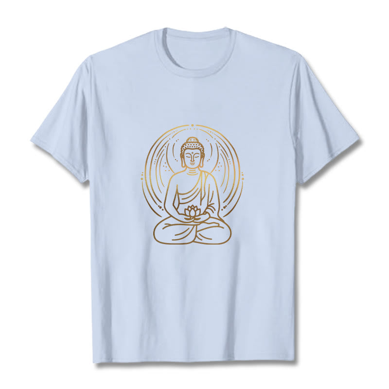 Buddha Stones、黄金の瞑想仏陀の光背、蓮の花を持つTシャツ - ライトシアン - 2XL - image 18