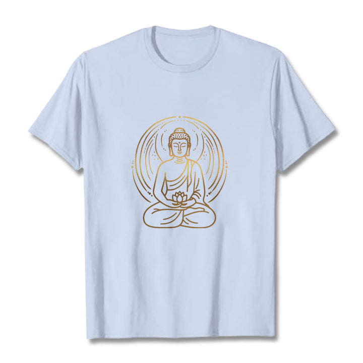 Buddha Stones、黄金の瞑想仏陀の光背、蓮の花を持つTシャツ - ライトシアン - 2XL - image 18