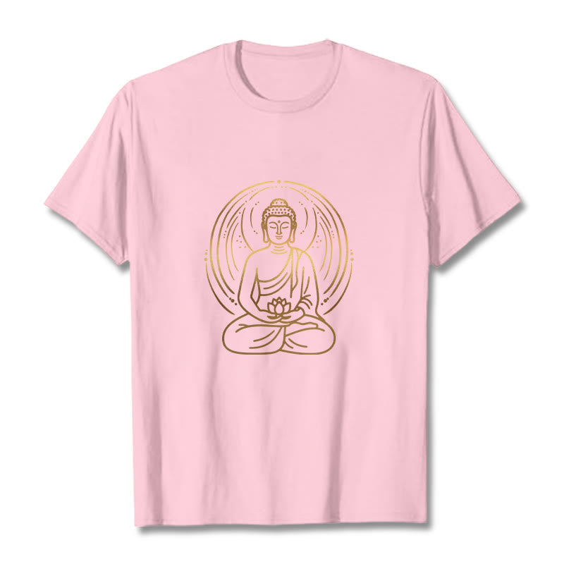 Buddha Stones、黄金の瞑想仏陀の光背、蓮の花を持つTシャツ - ライトピンク - 2XL - image 12