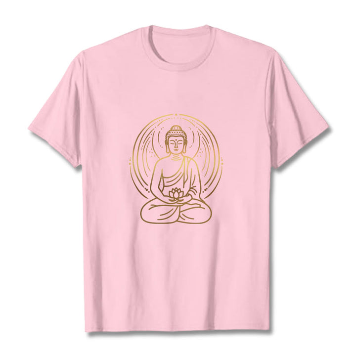 Buddha Stones、黄金の瞑想仏陀の光背、蓮の花を持つTシャツ - ライトピンク - 2XL - image 12
