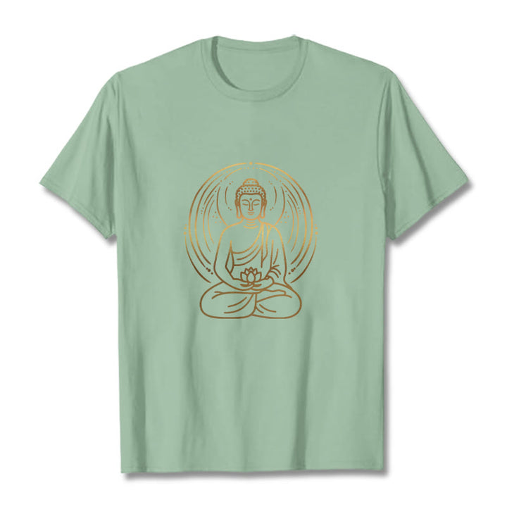 Buddha Stones、黄金の瞑想仏陀の光背、蓮の花を持つTシャツ - ペールグリーン - 2XL - image 15