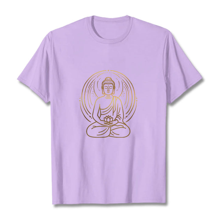 Buddha Stones、黄金の瞑想仏陀の光背、蓮の花を持つTシャツ - 梅 - 2XL - image 17