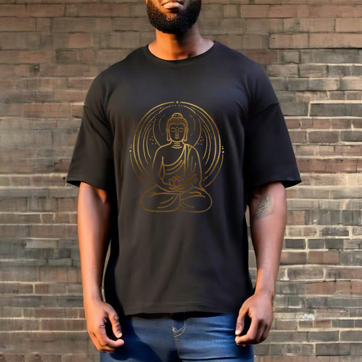 Buddha Stones、黄金の瞑想仏陀の光背、蓮の花を持つTシャツ - image 6