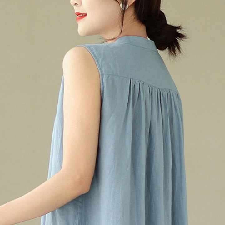 Buddha Stonesプレーン シングルブレスト プリーツデザイン ノースリーブ コットンリネン ミディドレス - image 16