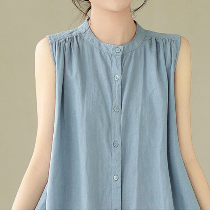 Buddha Stonesプレーン シングルブレスト プリーツデザイン ノースリーブ コットンリネン ミディドレス - image 15