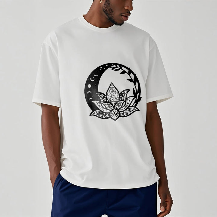 Buddha Stones、蓮の花、太陽、月、絡み合う蔓のTシャツ - image 1