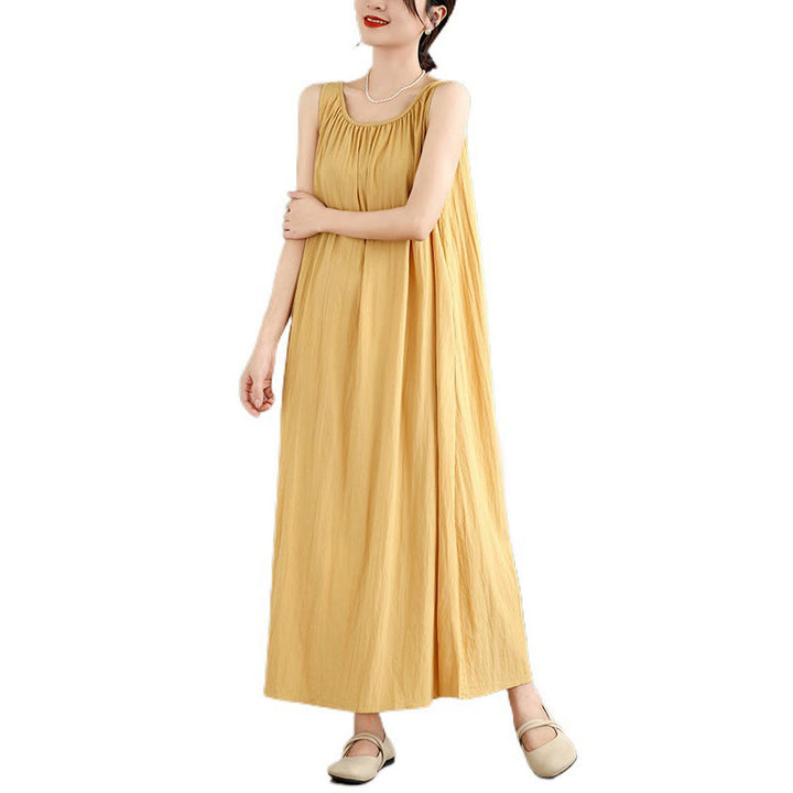 Buddha Stonesサマーカジュアル 無地 プリーツデザイン ノースリーブ クルーネック コットン ミディドレス ポケット付き - image 14