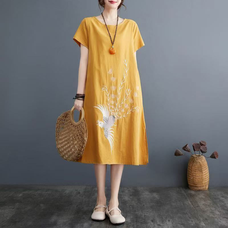 Buddha Stonesの夏プリント フェニックス柄 半袖 コットンリネン ミディドレス - 金 - US14、 UK/AU18、 EU46 (4XL) - image 8