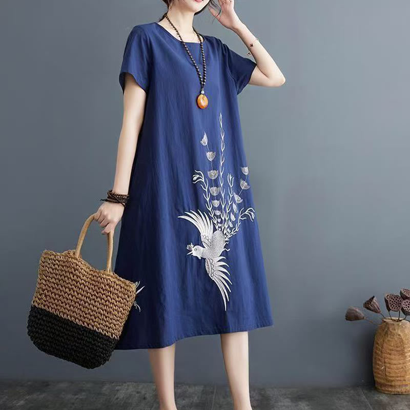 Buddha Stonesの夏プリント フェニックス柄 半袖 コットンリネン ミディドレス - 海軍 - US14、 UK/AU18、 EU46 (4XL) - image 4
