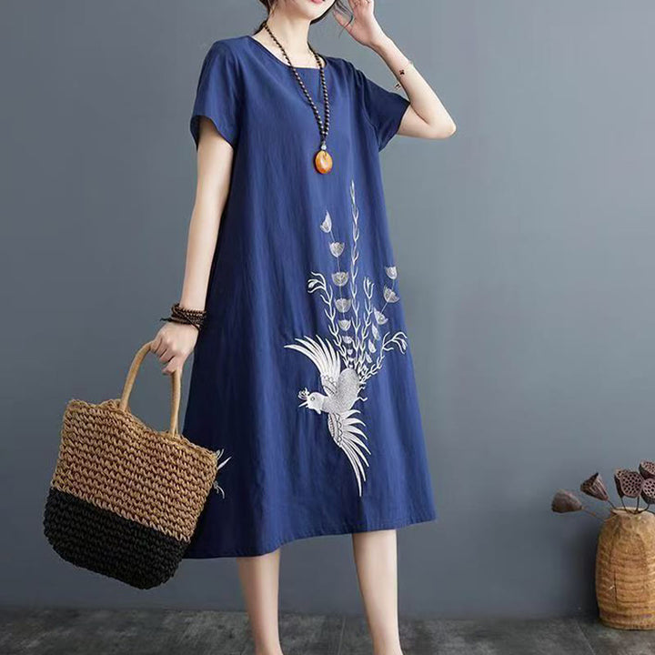 Buddha Stonesの夏プリント フェニックス柄 半袖 コットンリネン ミディドレス - 海軍 - US14、 UK/AU18、 EU46 (4XL) - image 4