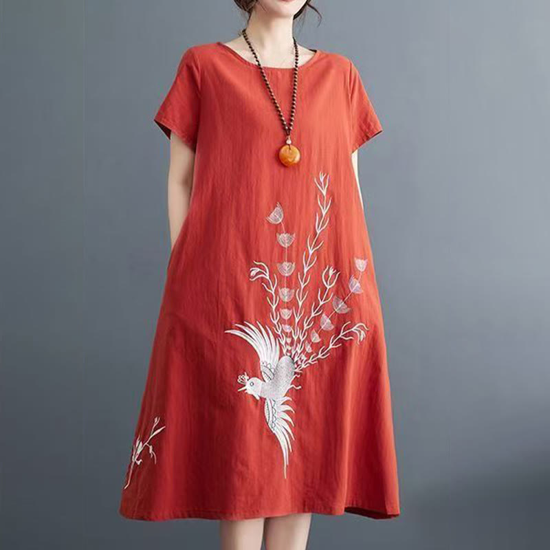 Buddha Stonesの夏プリント フェニックス柄 半袖 コットンリネン ミディドレス - image 1