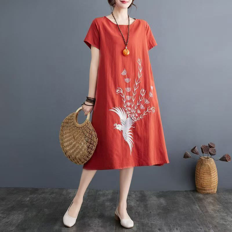 Buddha Stonesの夏プリント フェニックス柄 半袖 コットンリネン ミディドレス - オレンジレッド - US14、 UK/AU18、 EU46 (4XL) - image 0