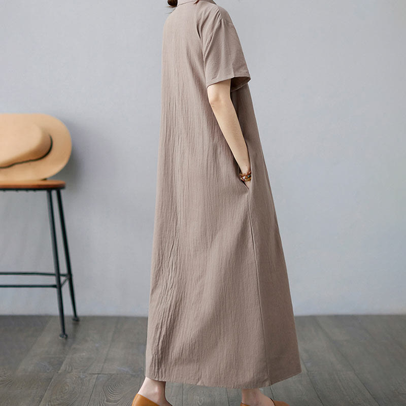 Buddha Stonesカジュアルプレーンサイドレースアップラペル半袖コットンリネンミディドレス（ポケット付き） - image 5