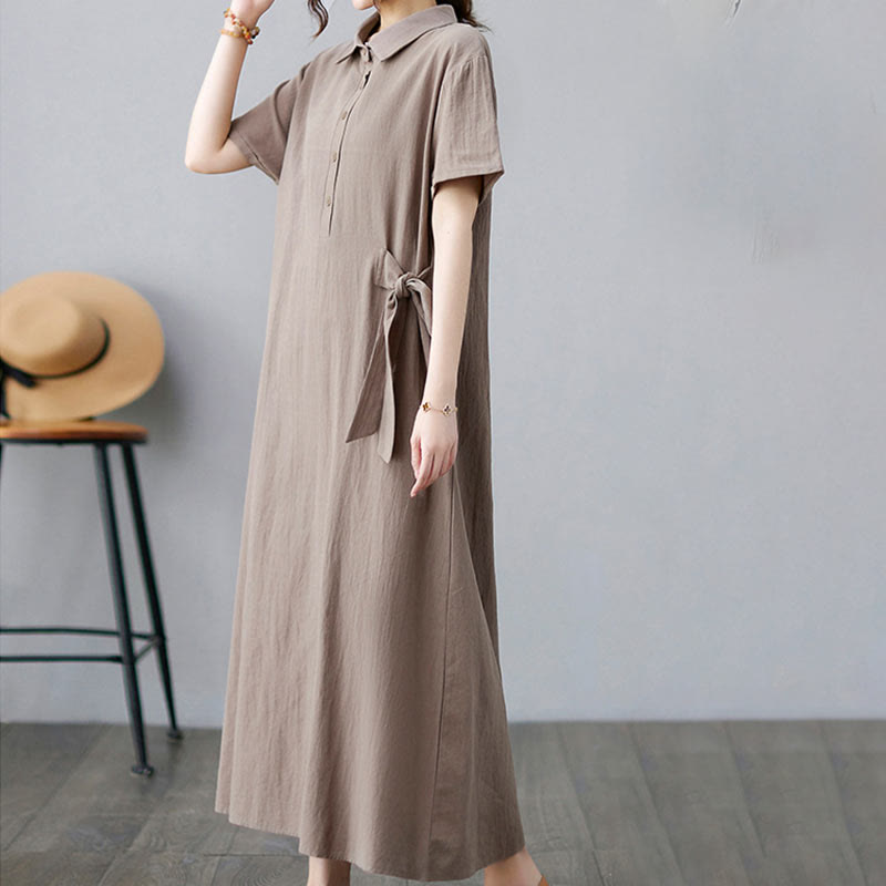 Buddha Stonesカジュアルプレーンサイドレースアップラペル半袖コットンリネンミディドレス（ポケット付き） - image 3