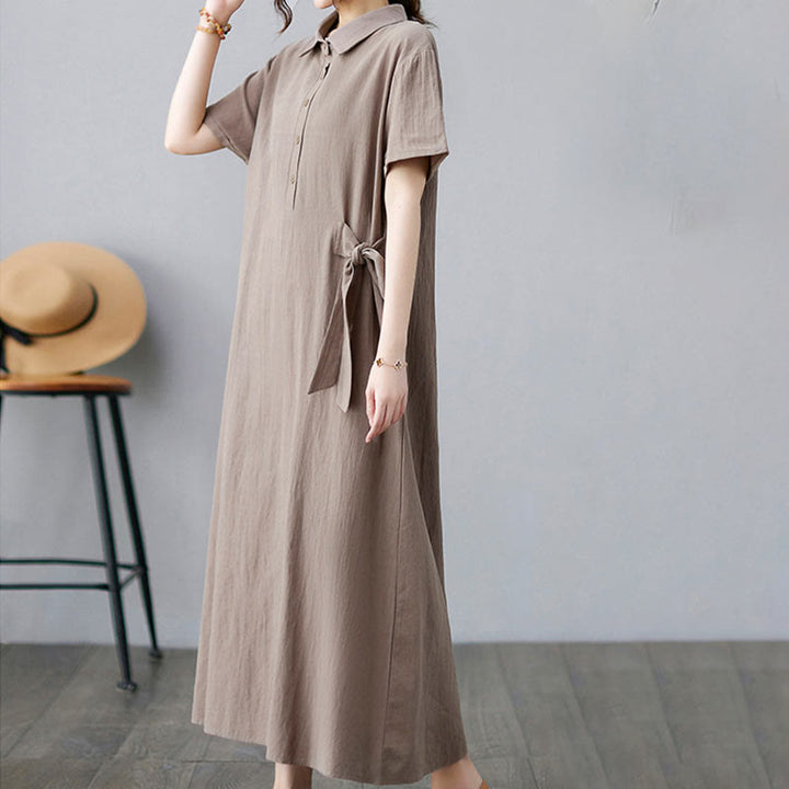 Buddha Stonesカジュアルプレーンサイドレースアップラペル半袖コットンリネンミディドレス（ポケット付き） - image 3