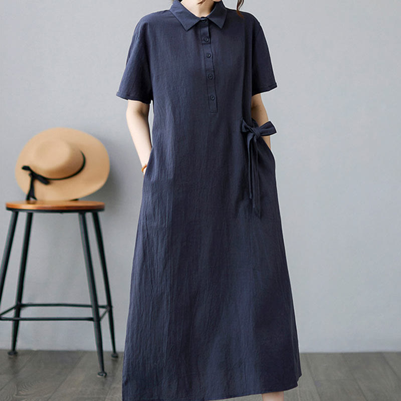Buddha Stonesカジュアルプレーンサイドレースアップラペル半袖コットンリネンミディドレス（ポケット付き） - image 22
