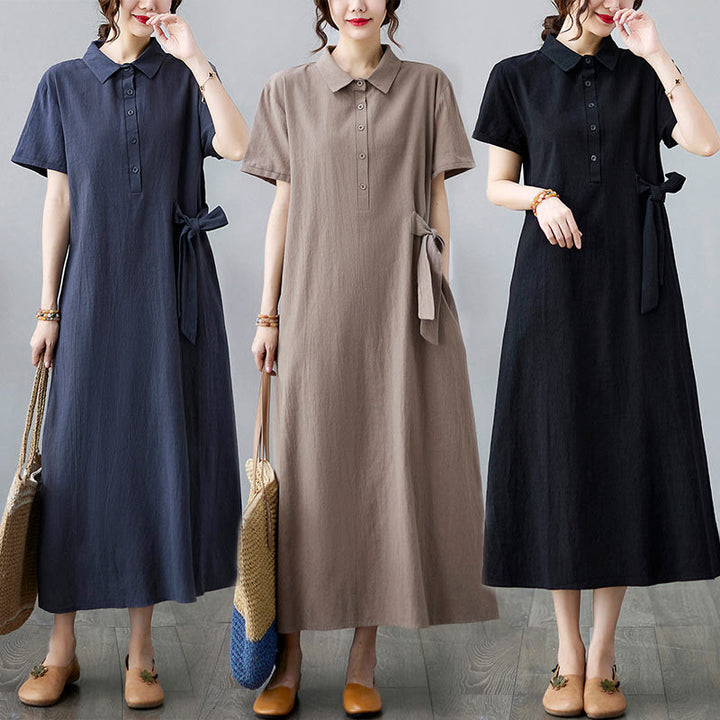 Buddha Stonesカジュアルプレーンサイドレースアップラペル半袖コットンリネンミディドレス（ポケット付き） - image 26