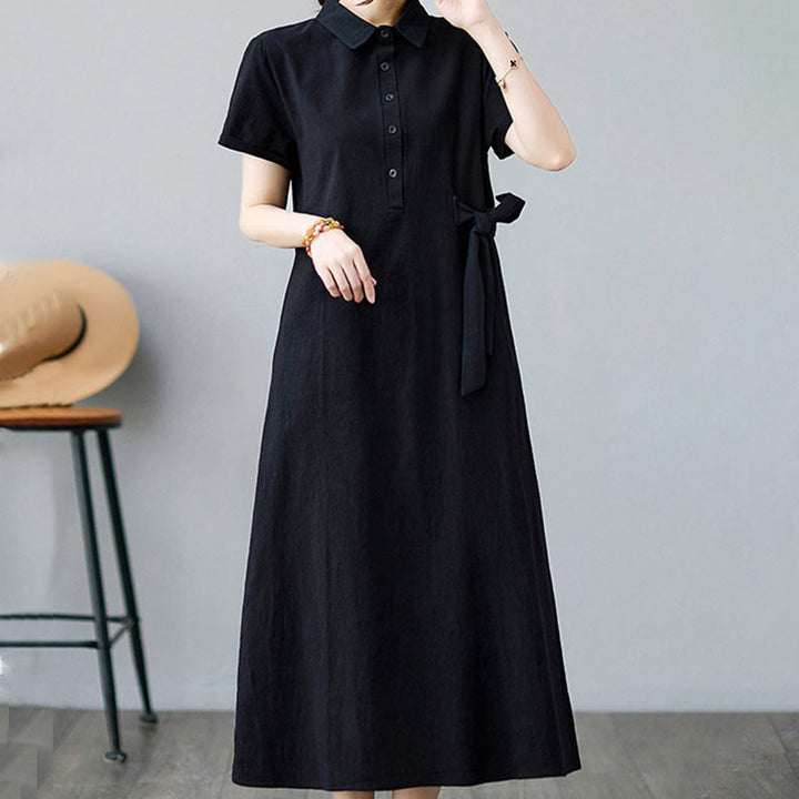 Buddha Stonesカジュアルプレーンサイドレースアップラペル半袖コットンリネンミディドレス（ポケット付き） - image 16