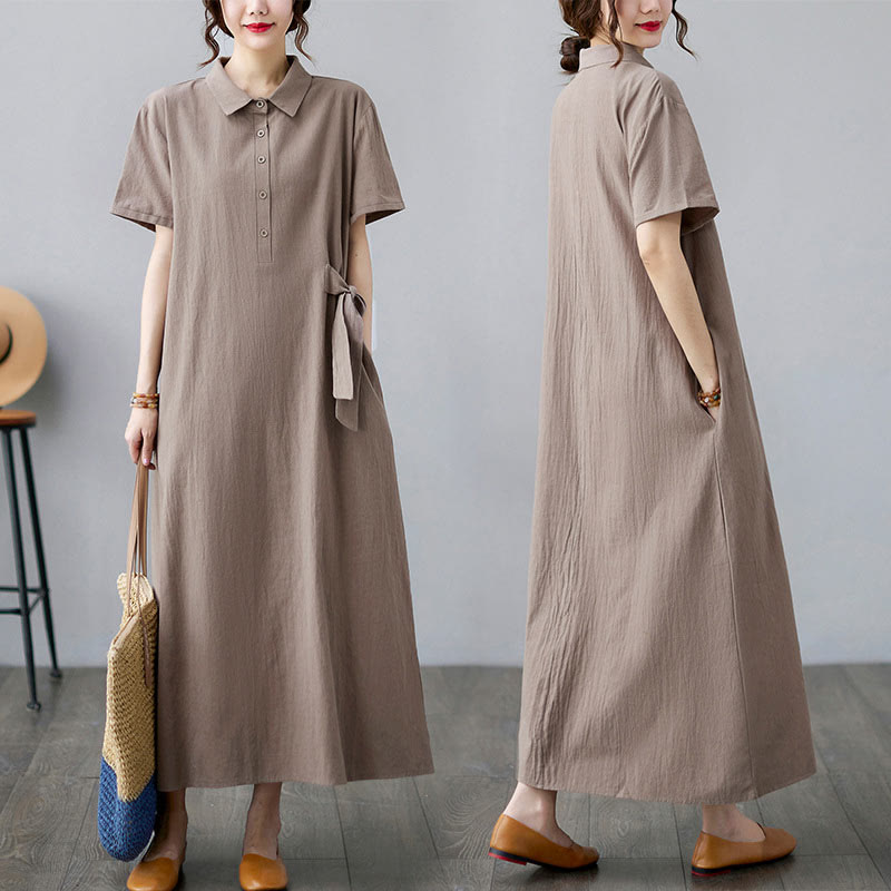 Buddha Stonesカジュアルプレーンサイドレースアップラペル半袖コットンリネンミディドレス（ポケット付き） - image 6