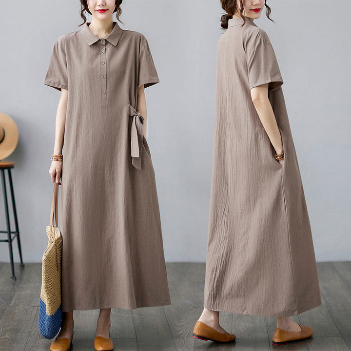 Buddha Stonesカジュアルプレーンサイドレースアップラペル半袖コットンリネンミディドレス（ポケット付き） - image 6