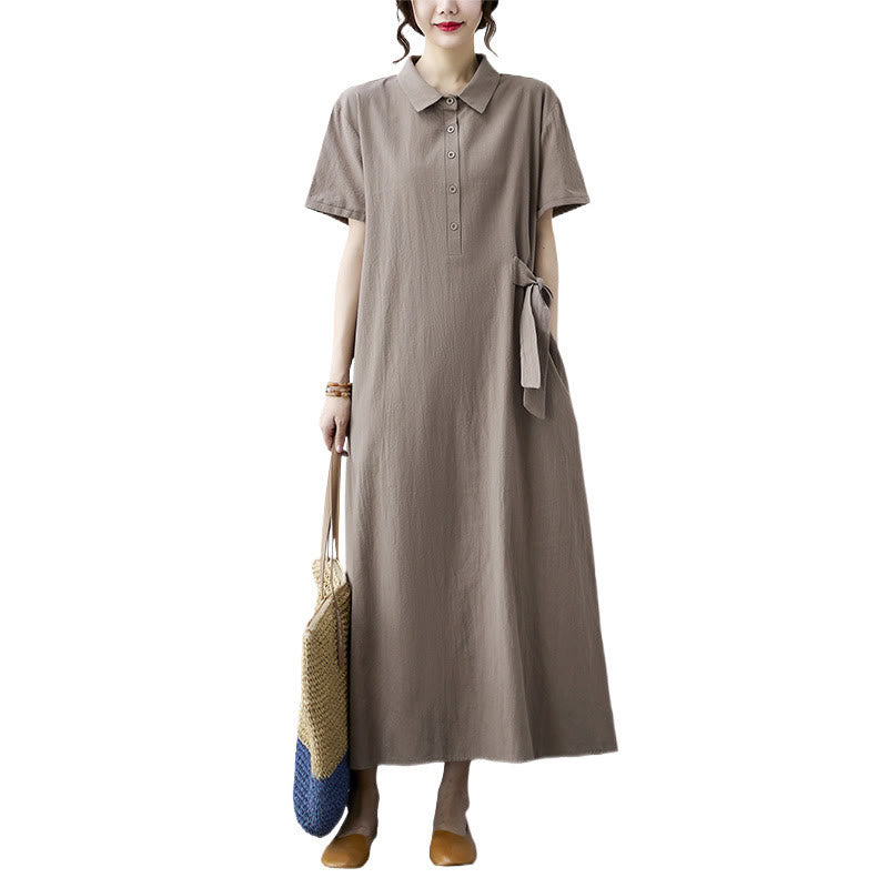 Buddha Stonesカジュアルプレーンサイドレースアップラペル半袖コットンリネンミディドレス（ポケット付き） - image 12