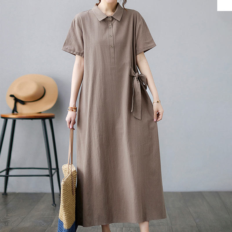 Buddha Stonesカジュアルプレーンサイドレースアップラペル半袖コットンリネンミディドレス（ポケット付き） - image 4