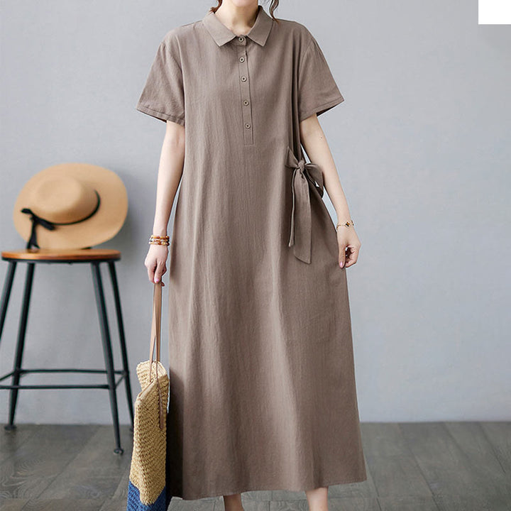 Buddha Stonesカジュアルプレーンサイドレースアップラペル半袖コットンリネンミディドレス（ポケット付き） - image 4