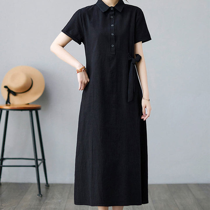 Buddha Stonesカジュアルプレーンサイドレースアップラペル半袖コットンリネンミディドレス（ポケット付き） - image 17