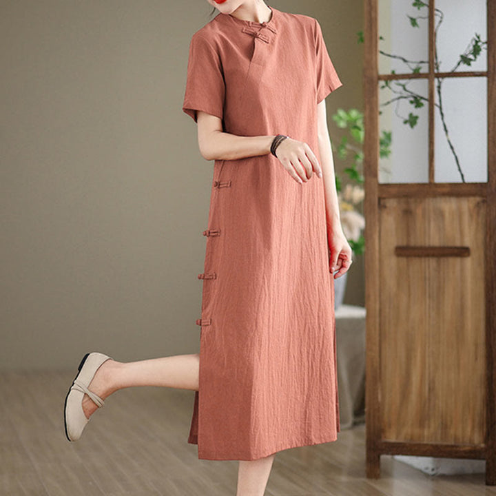 Buddha Stonesの夏ヴィンテージ純色中国風フロッグボタンチャイナドレス、チャイナドレス、ミディ丈ドレス - image 5