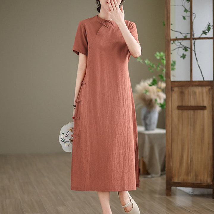 Buddha Stonesの夏ヴィンテージ純色中国風フロッグボタンチャイナドレス、チャイナドレス、ミディ丈ドレス - image 2