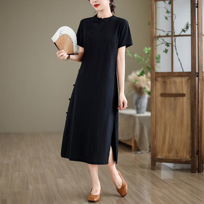 Buddha Stonesの夏ヴィンテージ純色中国風フロッグボタンチャイナドレス、チャイナドレス、ミディ丈ドレス - 黒 - US8-10，UK/AU12-14，EU40-42 (2XL) - image 12