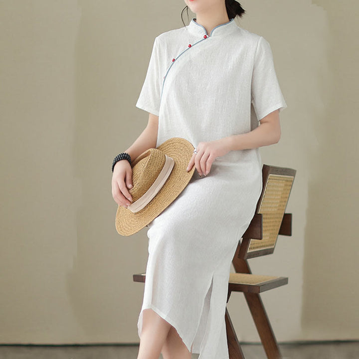 Buddha Stonesジャカード無地コットンリネン半袖チャイナドレス（ポケット付き） - image 18