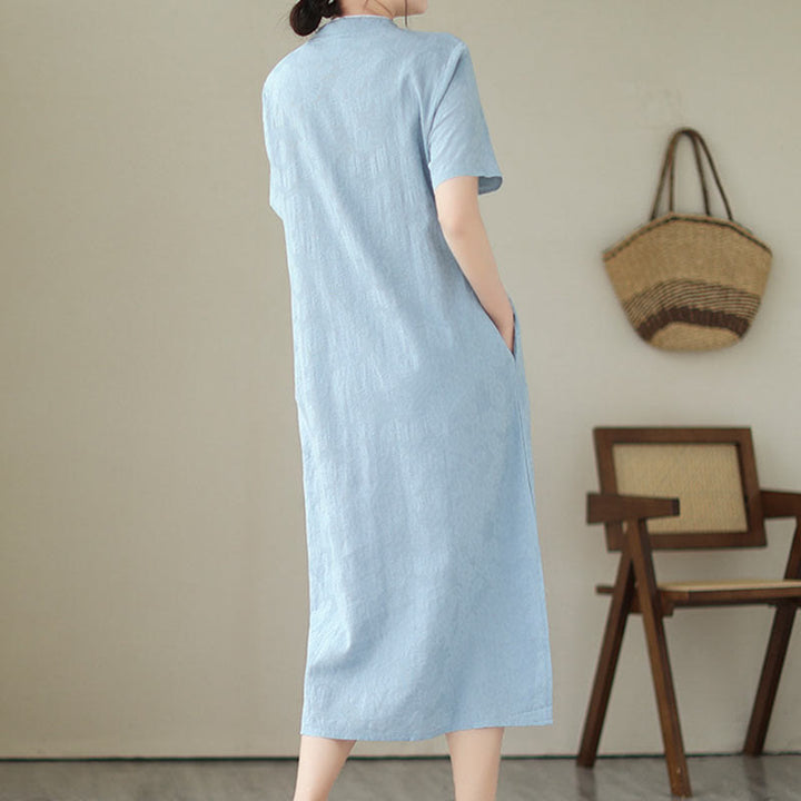 Buddha Stonesジャカード無地コットンリネン半袖チャイナドレス（ポケット付き） - image 2