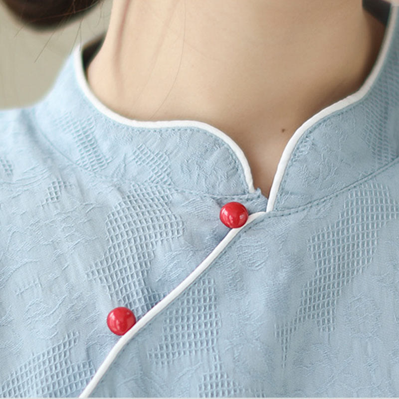 Buddha Stonesジャカード無地コットンリネン半袖チャイナドレス（ポケット付き） - image 6