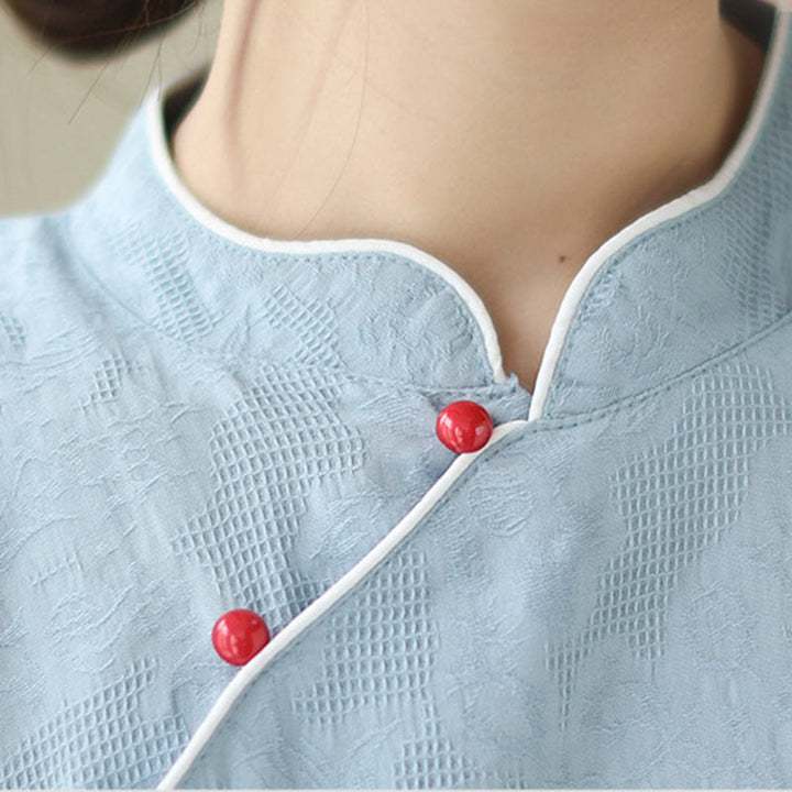 Buddha Stonesジャカード無地コットンリネン半袖チャイナドレス（ポケット付き） - image 6