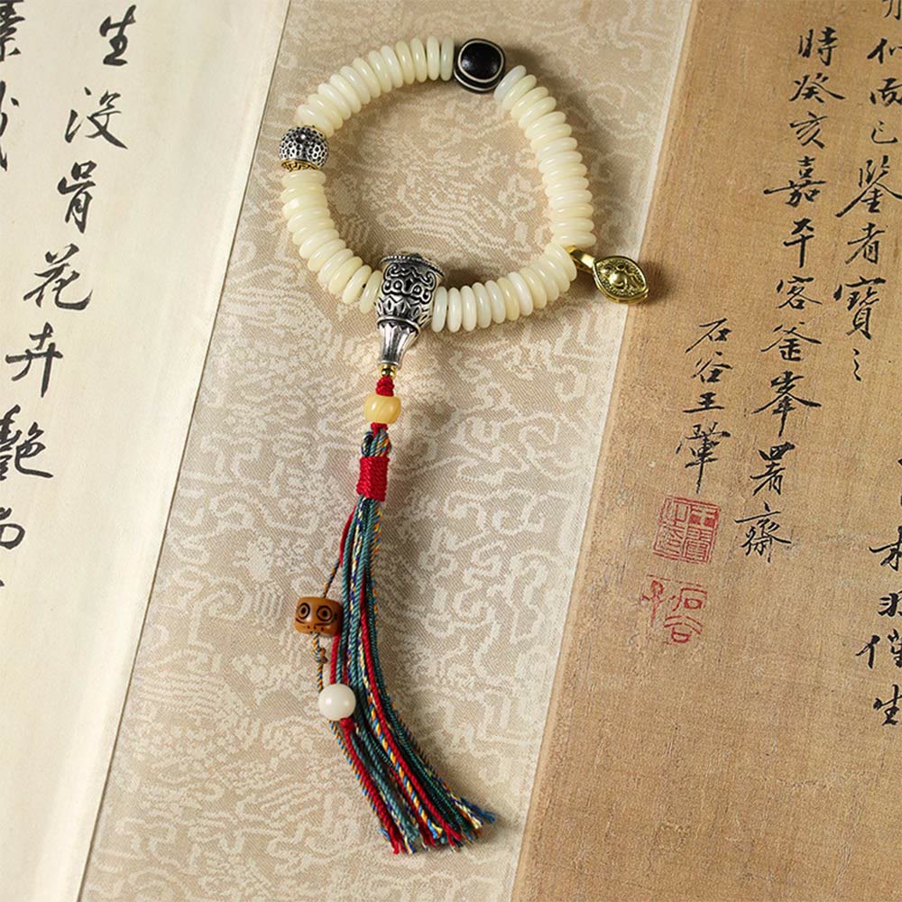 Buddha Stones天然ホワイト菩提樹シードストーン ウィズダムタッセル リストMalaブレスレット