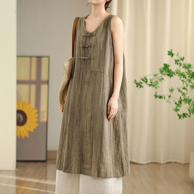 Buddha Stonesタイダイ染めチャイニーズフロッグボタンラミーリネンノースリーブミディドレス（ポケット付き） - ダークカーキ - US8-10，UK/AU12-14，EU40-42 (2XL) - image 9