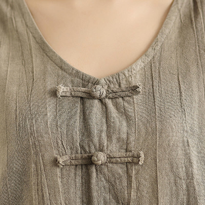 Buddha Stonesタイダイ染めチャイニーズフロッグボタンラミーリネンノースリーブミディドレス（ポケット付き） - image 14